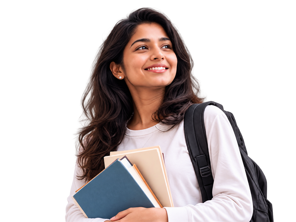Smiling student carrying books and a backpack